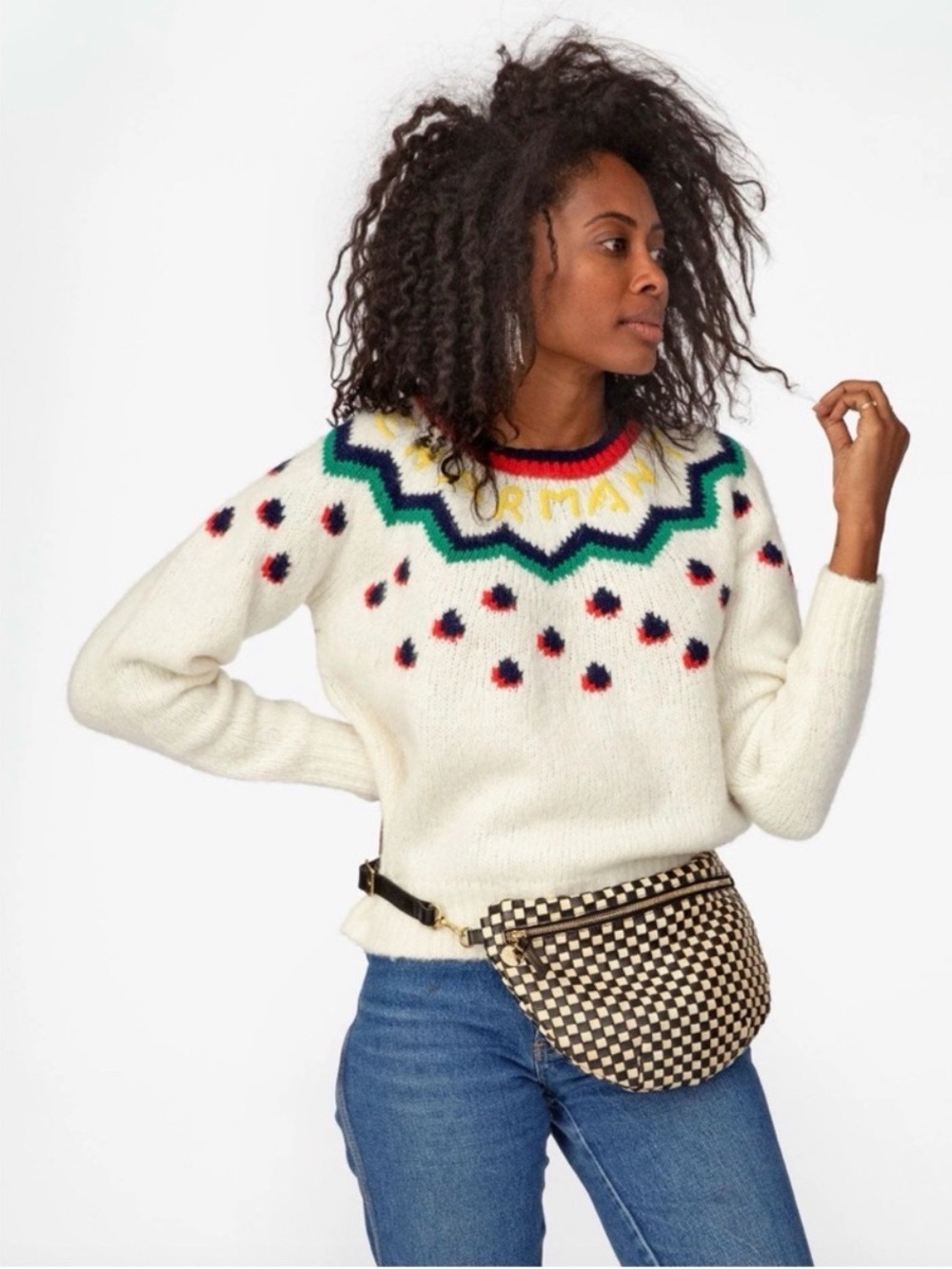 Clare V Charmant Alpaca Wool Fair Isle Sweater Cream Graphic Crewneck NWT XS